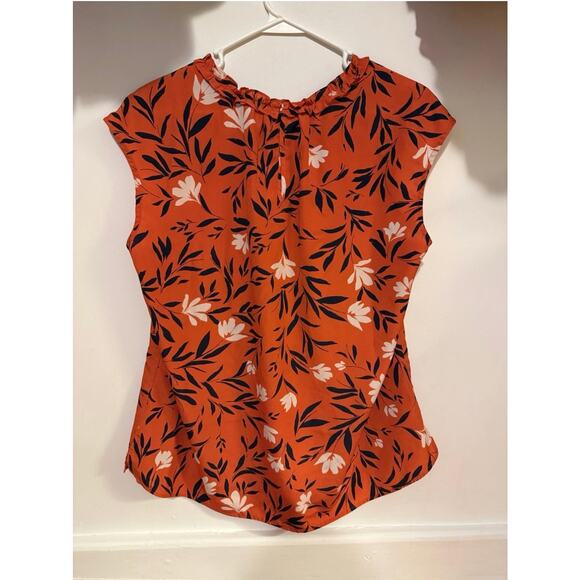 Daniel Rainn Top Pullover Orange Floral Print Ruched Neckline - Size Large - Picture 2 of 6